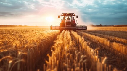 Fototapeta premium Front view of modern automated combine harvesting wheat ears on a bright summer day. Grain harvester in a vast golden wheat field. Blue cloudy sky with bright setting sun in the background.