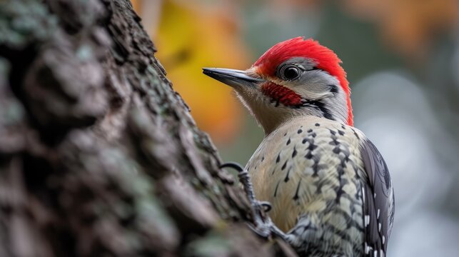  a red - bellied woodpecker perches on the bark of a tree in front of a blurry background of yellow, green, orange and red leaves.