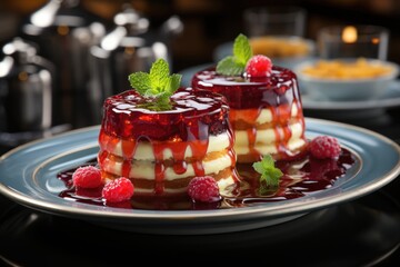 Pistachio pudding with raspberry syrup, served in a high cuisine restaurant., generative IA