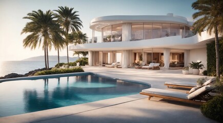 Fototapeta na wymiar Luxury villa by the sea with pool in garden. Generative AI