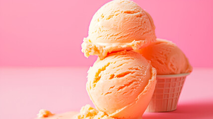 Refreshing citrus ice cream in a minimalist setting in peach fuzz colors. Scoops of orange ice cream in a white bowl on a pink peachy background, copy space. Melting orange ice cream scoops