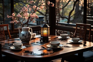 Eastern scene mat, pillows, Asian decoration in serene dining room., generative IA