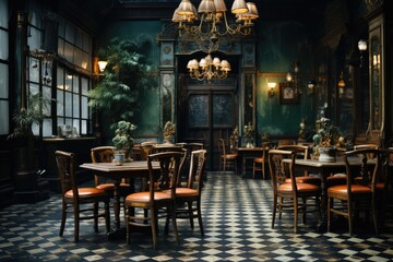 Fototapeta na wymiar Vintage Scenario Wooden table, velvet chairs and old lamps in retro dining room., generative IA