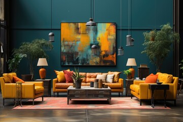 Eclectic room furniture and art in perfect vibrant harmony., generative IA