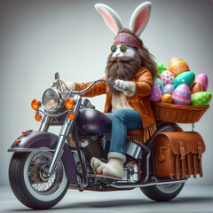 a large, fluffy bunny with a pair of sunglasses and a bandana, riding a classic motorcycle. The bunny is carrying a basket full of colorful Easter eggs.