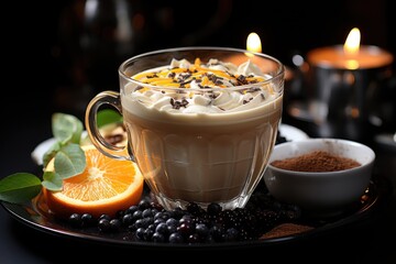 An exclusive cup of vanilla pudding with coffee and fruits granulate, generative IA