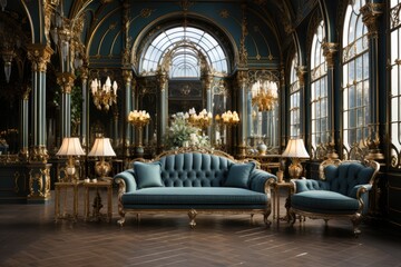 Classic luxurious room, period furniture, gold details and sumptuous curtains., generative IA - obrazy, fototapety, plakaty