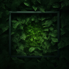 black frame with dark nature green plants top view flat lay