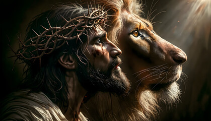 Jesus stands on the left side with a crown of thorns on his head and blood on his face. He looks at a lion on the right side of the image - obrazy, fototapety, plakaty