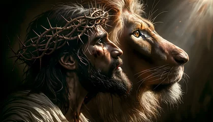 Fototapeten Jesus stands on the left side with a crown of thorns on his head and blood on his face. He looks at a lion on the right side of the image © Djalma