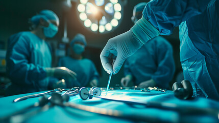 surgical scene with a focus on a surgeon's gloved hands selecting a surgical instrument from a sterile table - obrazy, fototapety, plakaty