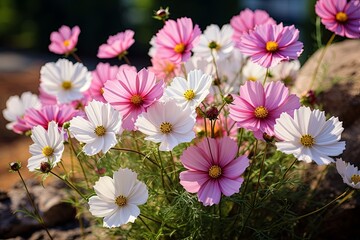 Beautiful cosmos meadow flowers field with sky background, Colorful wild flower or summer nature spring flower art