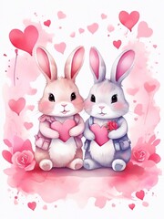 Obraz premium Beautiful Happy Valentine's Day holiday watercolor art, greeting card design with two cute kawaii cartoon bunnies in love with hearts backgroung. Bunny couple in love with valentines hearts design