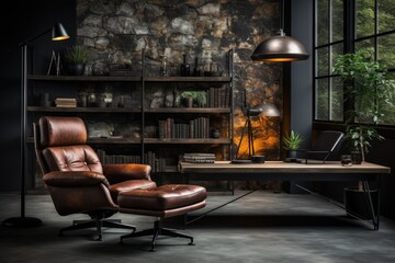 Elegant male office, sober furniture, dark tones and solid atmosphere., generative IA