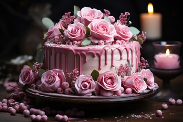 Fototapeta na wymiar Impressive birthday cake covered with pink glacé and roses, generative IA