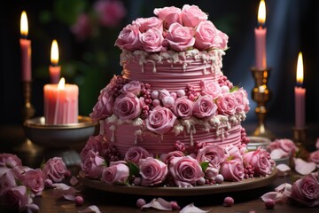 Impressive birthday cake covered with pink glacé and roses, generative IA