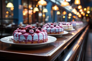 Blueberry cake in a charming bakery with stained glass and inviting marble tables., generative IA - obrazy, fototapety, plakaty