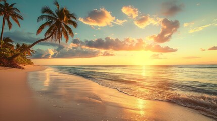 Fototapeta na wymiar Tropical paradise, white sand, beach, palm trees and clear water