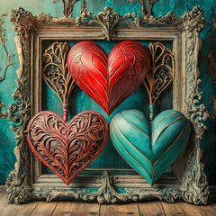 Coeurs en bois vernis en rouge et turquoise,Saint Valentin, mariage, sentiment d'amour et de romantisme