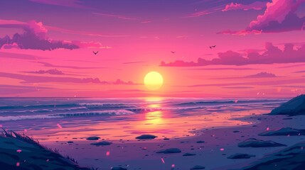 Sunset or sunrise on the beach landscape with beautiful pink sky