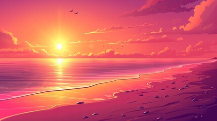Sunset or sunrise on the beach landscape with beautiful pink sky