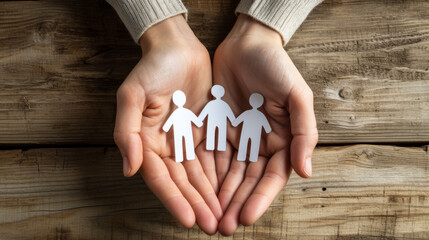 two hands are gently cupping a chain of paper figures resembling a family