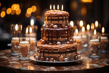 Fototapeta na wymiar Chocolate and caramel cake in a sophisticated celebration, with luxury furniture a, generative IA