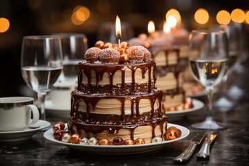 Chocolate and caramel cake in a sophisticated celebration, with luxury furniture a, generative IA