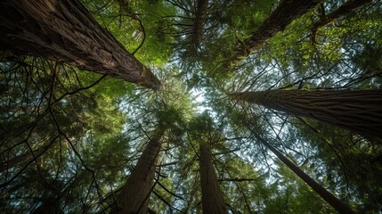 View up to the treetops in a forest near port renfrew, british columbia