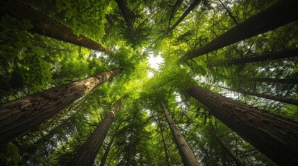 View up to the treetops in a forest near port renfrew, british columbia
