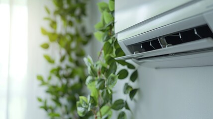 Air conditioner surrounded by green fresh plants on white wall, blank mock up. Clean and fresh air concept.