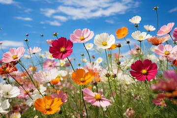 Obraz na płótnie Canvas Beautiful cosmos meadow flowers field with sky background, Colorful wild flower or summer nature spring flower art