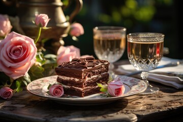 Triple chocolate cake with ganache, in a sophisticated afternoon tea in a rose gar, generative IA