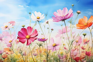 Fototapeta na wymiar Watercolor cosmos meadow flowers field with sky background, summer spring flower art illustration