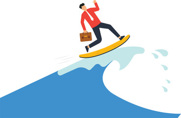 Business challenges and businessman surfing on the waves concept,
