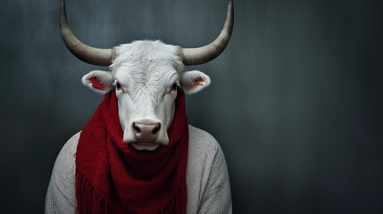 Weißer Stier mit rotem Schal um den Hals. Portrait frontal vor grauem Hintergrund. Illustration - obrazy, fototapety, plakaty