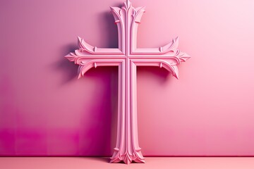isolated Christian white cross, pink background, glowing, flat illustration style ,close up, good Friday