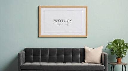 Poster frame mock-up in home interior background, sofa, interior, room, furniture, home, wall, living, couch, design, bedroom, house, bed, apartment, floor, lamp, comfortable, pillow, hotel, 3d, table