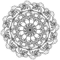 Outline mandala with eggs and a peeking chicken, creative coloring page with Easter doodle motifs