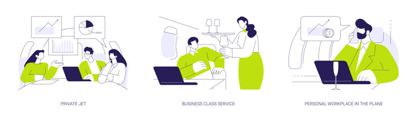 Business travel by plane abstract concept vector illustrations.