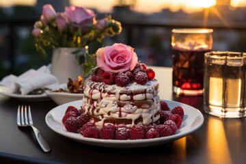 Raspberry cake on a sun -plated terrace, surrounded by scented flowers., generative IA