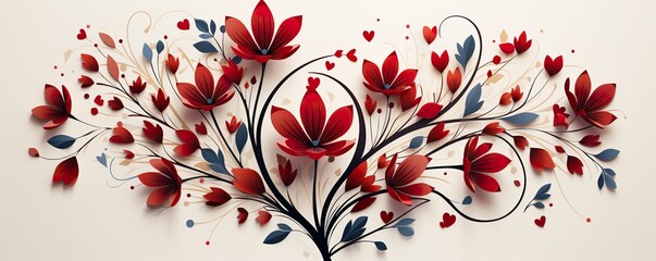flat red bright abstract floral heart isoloated in white background, no shadow in the background, centre aligned, leaves, flower leaf pattern illustration