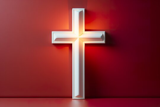 isolated Christian white cross with neon, red background, glowing,