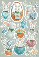 Set of stickers, Cute Easter Bunny. Easter eggs in a basket. - 719565737