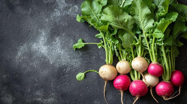 rustic organic turnips with fresh green tops and roots on genuine background for sustainable agriculture and vegetarian food, flat lay