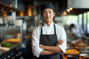 Fototapeta premium Asian chef sushi master standing in a restaurant kitchen with hands crossed 