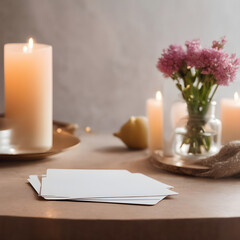 A mockup of blank note cards on a table with candles and flowers in the background.
