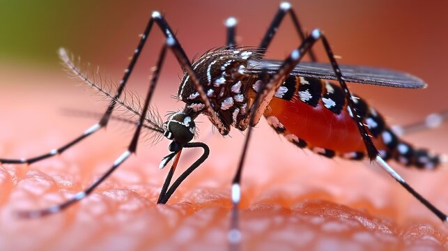Photo realistic image: An image showing a tiger mosquito biting a person's skin