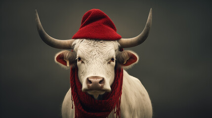 Wei&szlig;er Stier / Bulle / Ochse mit roter Jakobinerm&uuml;tze und rotem Schal um den Hals. Portrait frontal vor grauem Hintergrund. Konzept: Uranus im Stier. Surreale Illustration
