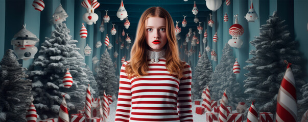 A girl in a striped outfit stands among New Year trees and decorations, creating an atmosphere of winter wonder and festive mood. - obrazy, fototapety, plakaty